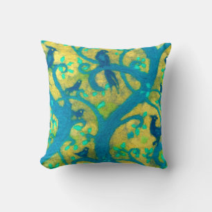 Paradise garden, wool painting, blue birds, fiber throw pillow
