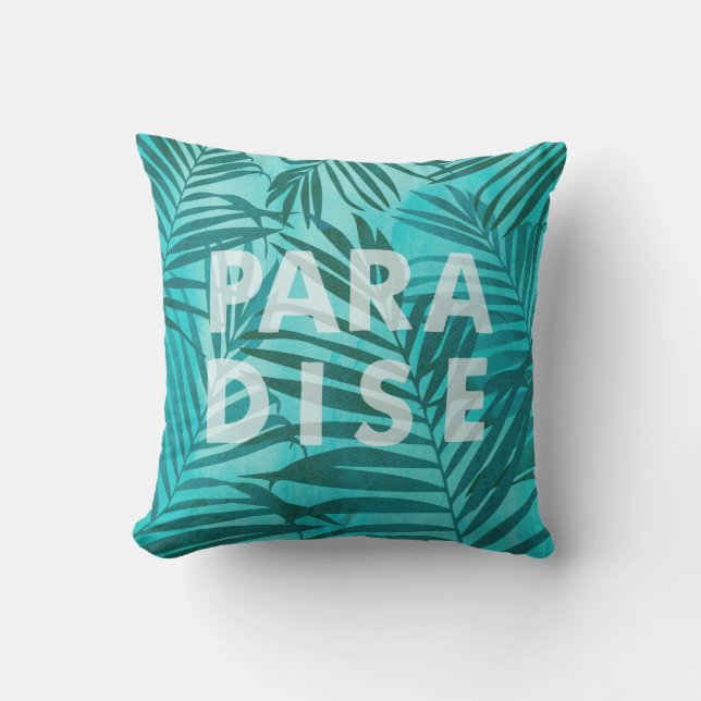 Paradise Hawaiian Palms Tropical in Teal Outdoor Pillow (Front)
