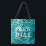 Paradise Hawaiian Palms Tropical in Teal Tote Bag<br><div class="desc">Watercolor palms interlace with a woven texture and  a special tropical message!  It comes in three color stories: Green,  Teal and Violet.
Each design reverses to the palm design without the words.</div>