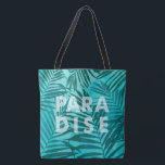 Paradise Hawaiian Palms Tropical in Teal Tote Bag<br><div class="desc">Watercolor palms interlace with a woven texture and  a special tropical message!  It comes in three color stories: Green,  Teal and Violet.
Each design reverses to the palm design without the words.</div>
