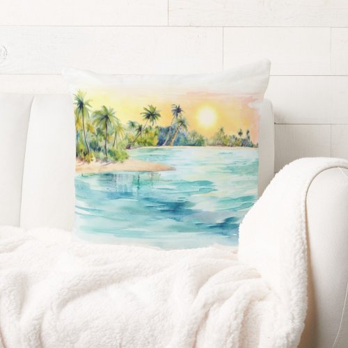 Paradise Island Tropical Beach Sunset  Palm Throw Pillow