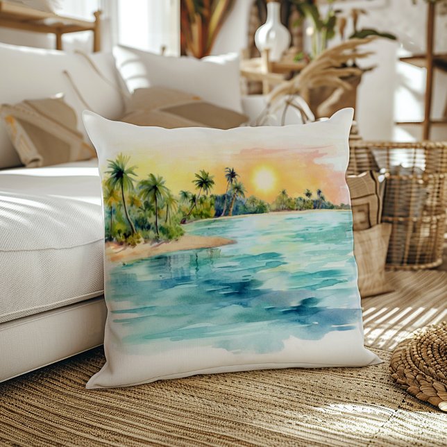 Paradise Island Tropical Beach Sunset & Palm Throw Pillow (Creator Uploaded)