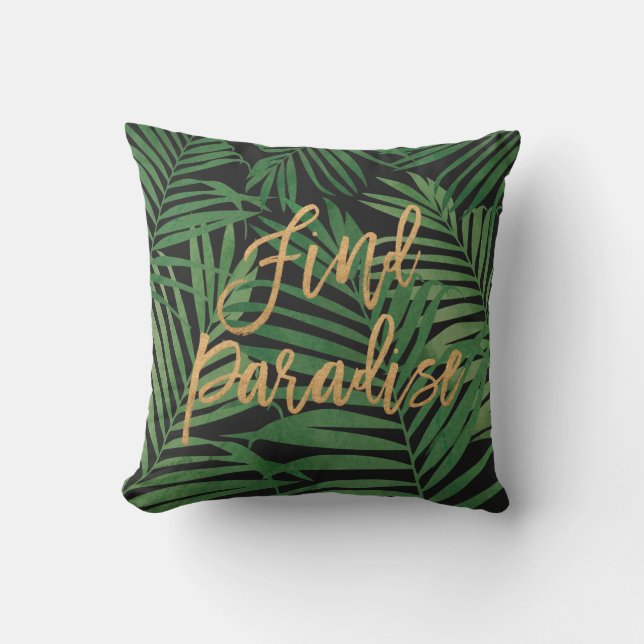 Paradise Palm Hawaiian Reversible- Black and Gold Outdoor Pillow (Front)