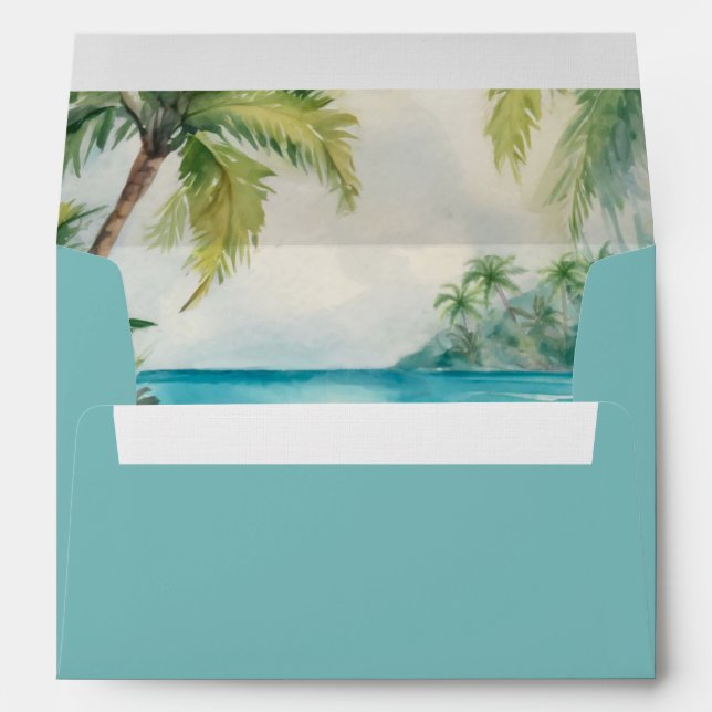Paradise Palms Tropical Beach Turquoise Wedding Envelope (Back (Bottom))