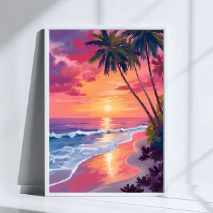 Paradise Sunset   Pink Tropical Watercolor Beach Poster