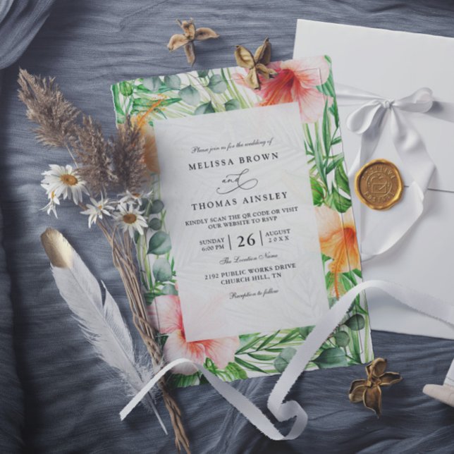 Paradise Tropical Hibiscus Floral QR Code Wedding Invitation (Creator Uploaded)
