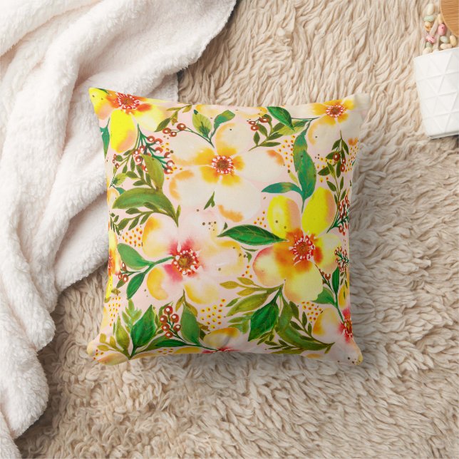Paradiso Calido-Pale Pink Tropical Floral Artistic Throw Pillow (Blanket)