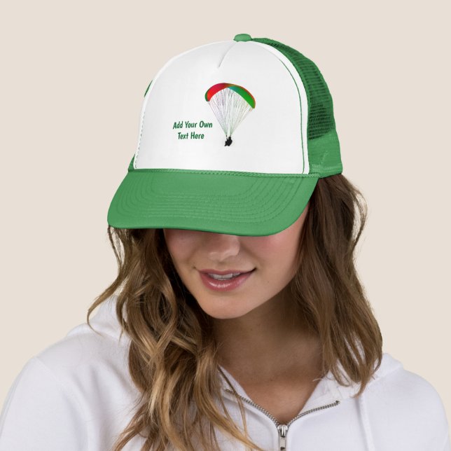 Paraglider Logo with Customizable Text on a Trucker Hat (In Situ)