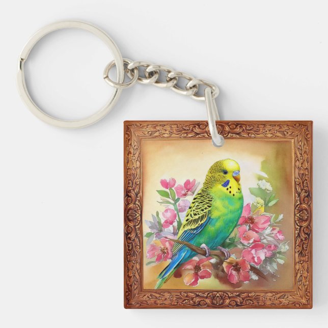 Parakeet and Blossoms Keychain (Front)