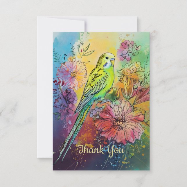 Parakeet and Flowers Thank You Card (Front)