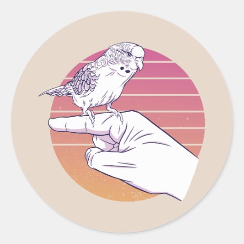 Parakeet bird on finger design classic round sticker