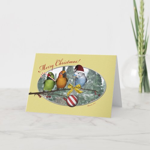 Parakeet Birds with Ornaments Christmas Card