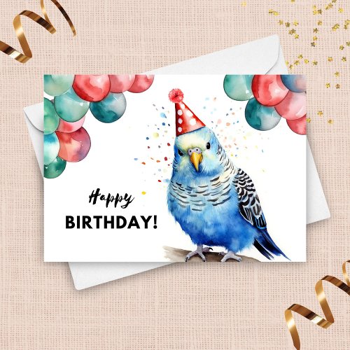 Parakeet Budgie Balloons and Party Hat Birthday Card