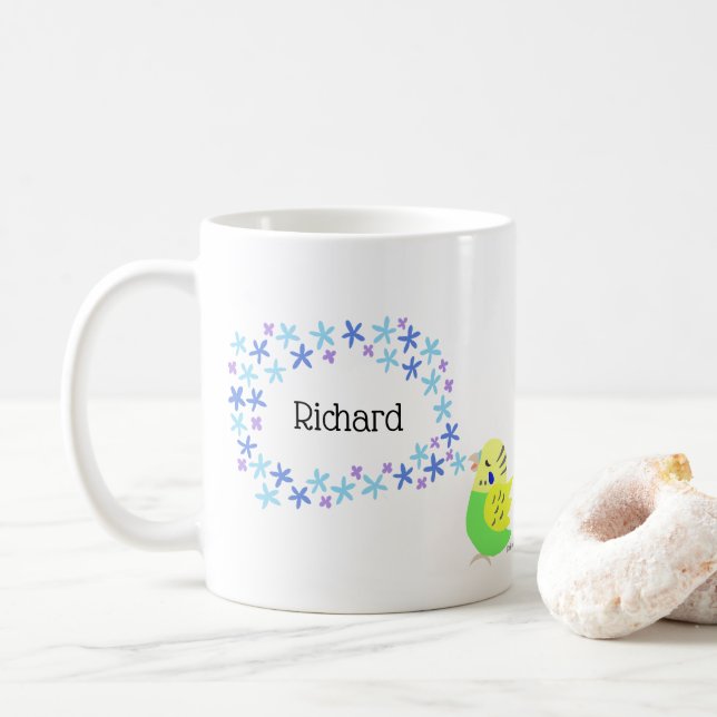 Parakeet Budgie Budgerigar Bird lover Custom Name Coffee Mug (With Donut)