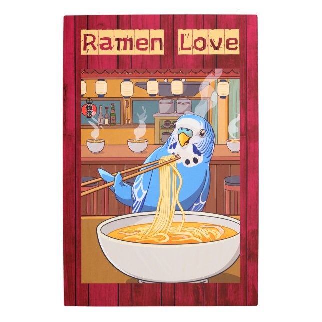 Parakeet Eating Ramen in Japanese Noodle Bar Metal Print (Front)