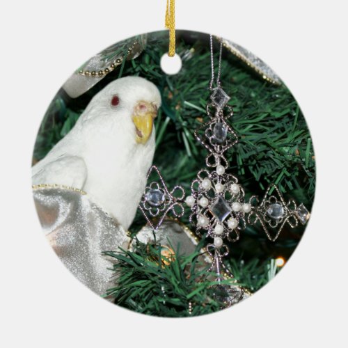 Parakeet in a Christmas tree Ceramic Ornament