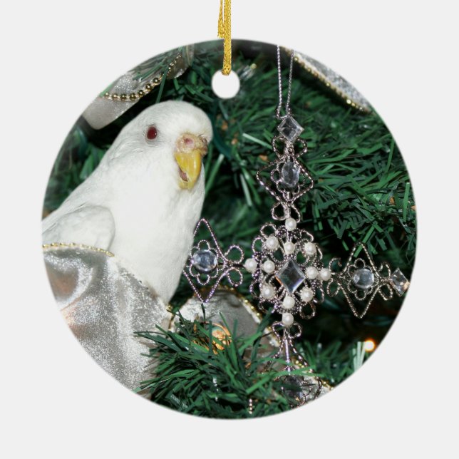 Parakeet in a Christmas tree Ceramic Ornament (Back)