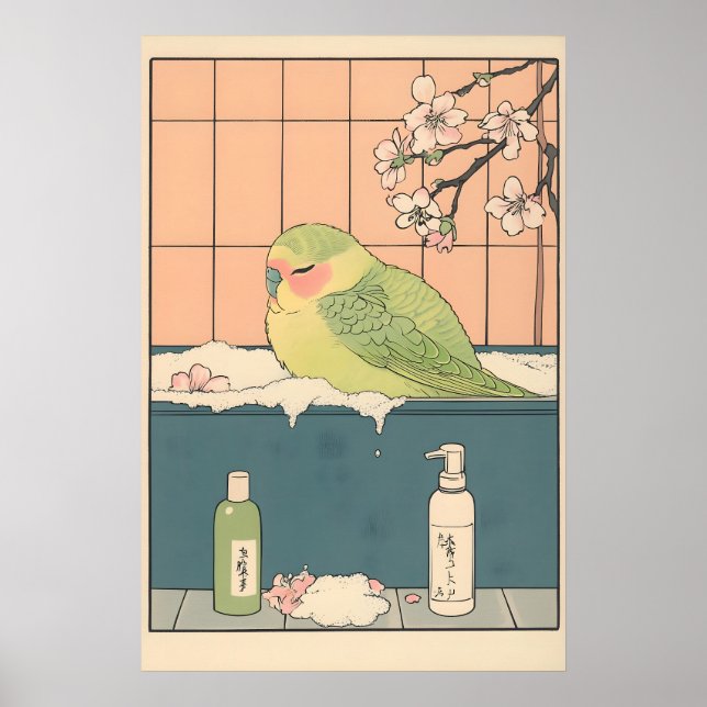 Parakeet in Bathtub Ukiyo-e Print Funny Bird (Front)