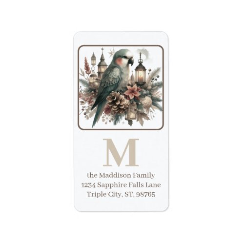 Parakeet Lanterns Christmas Monogram Address Label