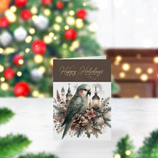 Parakeet Lanterns Happy Holidays Typography