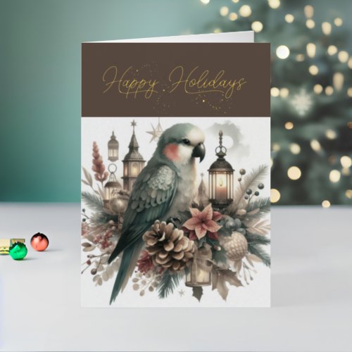 Parakeet Lanterns Happy Holidays Typography Foil Holiday Card