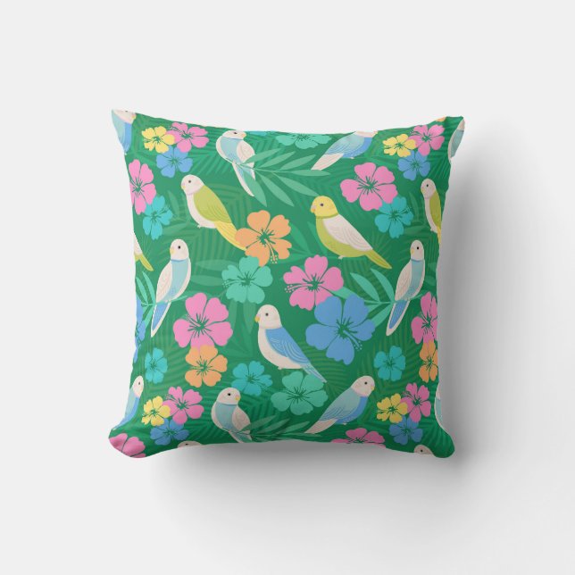 Parakeet & Palms Tropical Throw Pillow (Front)