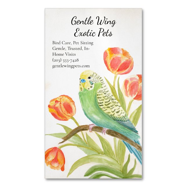 Parakeet with Tulips Exotic Pets Business Card Magnet (Front Vertical)