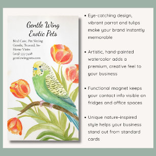 Parakeet with Tulips Exotic Pets Business Card Magnet