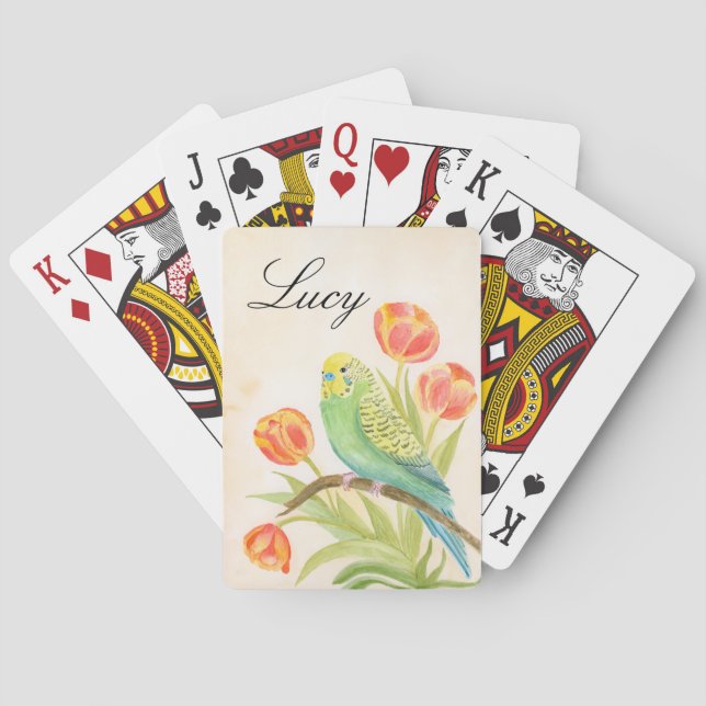 Parakeet with Tulips Personalize Poker Cards (Back)