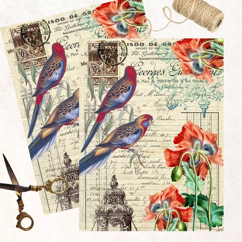 PARAKEETS AND POPPIES VINTAGE TISSUE PAPER