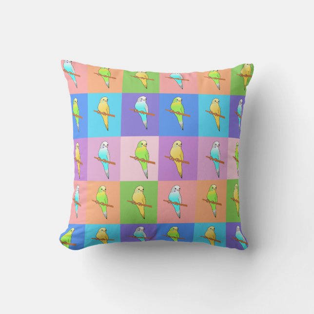 Parakeets in colorful squares Pattern cushion (Front)