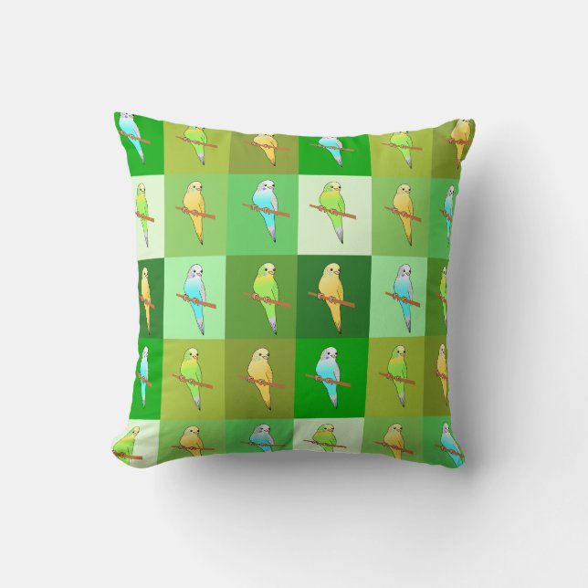 Parakeets in Green  squares Pattern cushion (Front)
