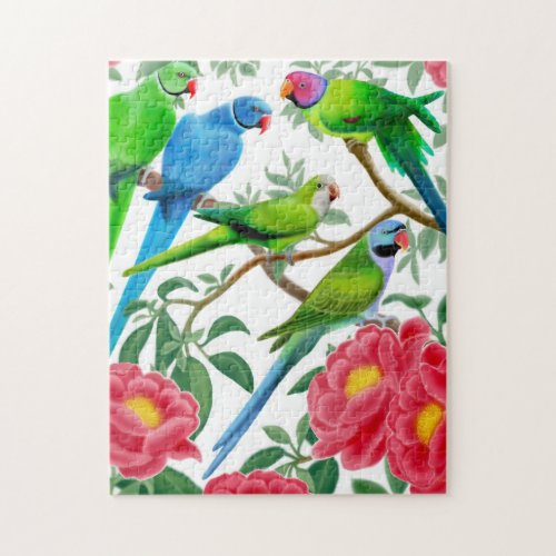 Parakeets in Peony Flowers Puzzle