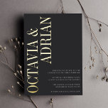 Parallel | Modern Black & Gold Typography Wedding Foil Invitation<br><div class="desc">A modern and minimal typography based wedding invitation featuring your names in gold foil serif lettering on a soft black background,  running vertically up the left side of the card. Personalize with your wedding details aligned at the lower right.</div>