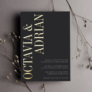 Parallel | Modern Black & Gold Typography Wedding Foil Invitation by RedwoodAndVine at Zazzle