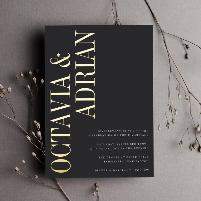 Parallel | Modern Black & Gold Typography Wedding Foil Invitation (Creator Uploaded)
