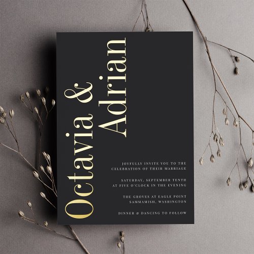 Parallel  Modern Black  Gold Typography Wedding Foil Invitation