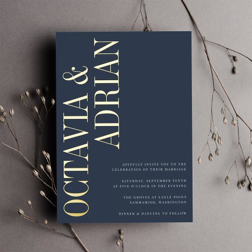 Parallel  Modern Navy  Gold Typography Wedding Foil Invitation