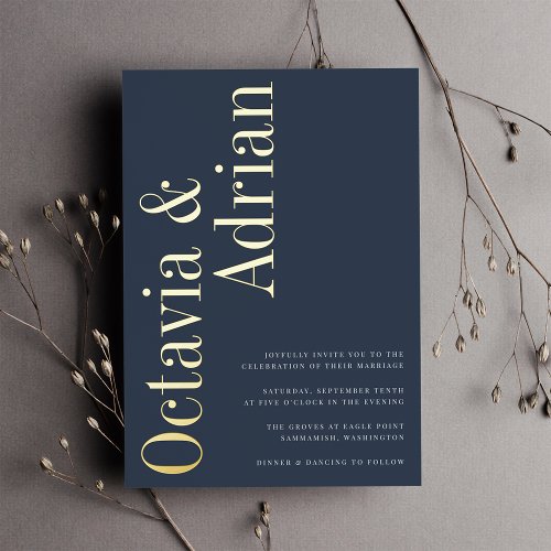 Parallel  Modern Navy  Gold Typography Wedding Foil Invitation