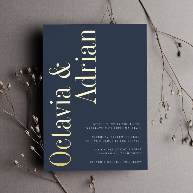 Parallel | Modern Navy & Gold Typography Wedding Foil Invitation (Creator Uploaded)