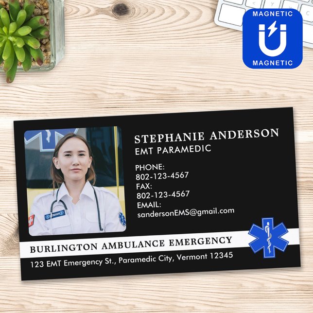 Paramedic EMS EMT Emergency Ambulance Photo Logo Business Card Magnet (Creator Uploaded)