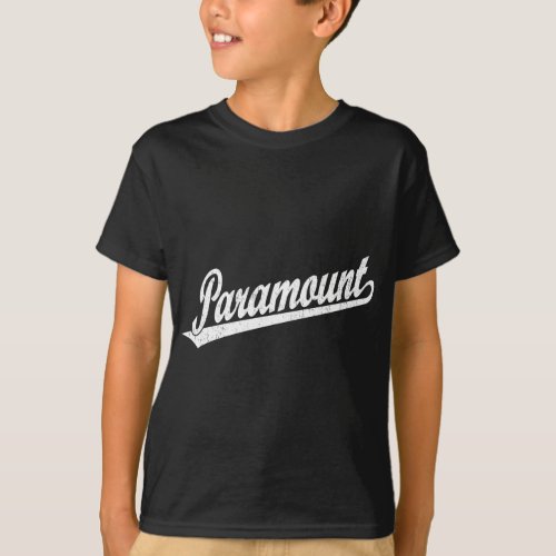 Paramount script logo in white distressed T_Shirt