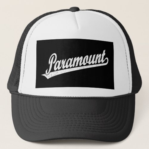 Paramount script logo in white distressed trucker hat