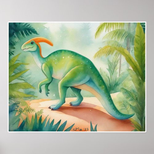 Parasauralophus Watercolor Dinosaur Nursey Art Poster