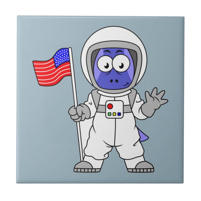 Parasaurolophus Astronaut Holding American Flag. Ceramic Tile (Front)