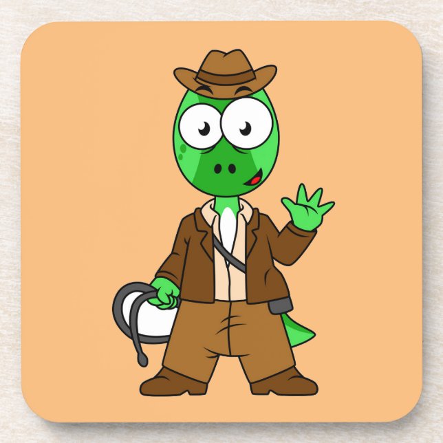 Parasaurolophus Dressed As Indiana Jones. Beverage Coaster (Front)