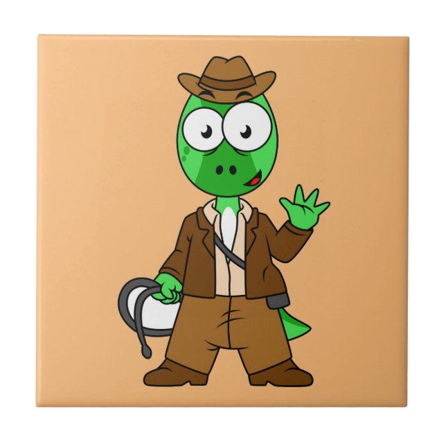 Parasaurolophus Dressed As Indiana Jones. Ceramic Tile (Front)