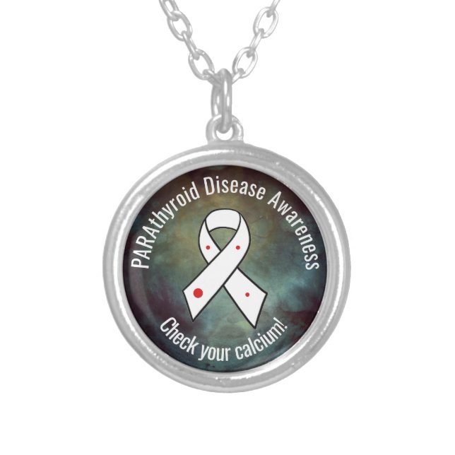 Parathyroid Disease Awareness Ribbon Silver Plated Necklace (Front)