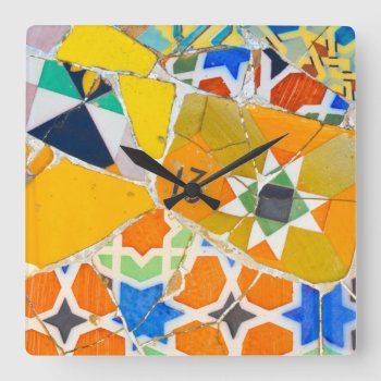 Parc Guell Ceramic Tiles In Barcelona Spain Square Wall Clock by bbourdages at Zazzle