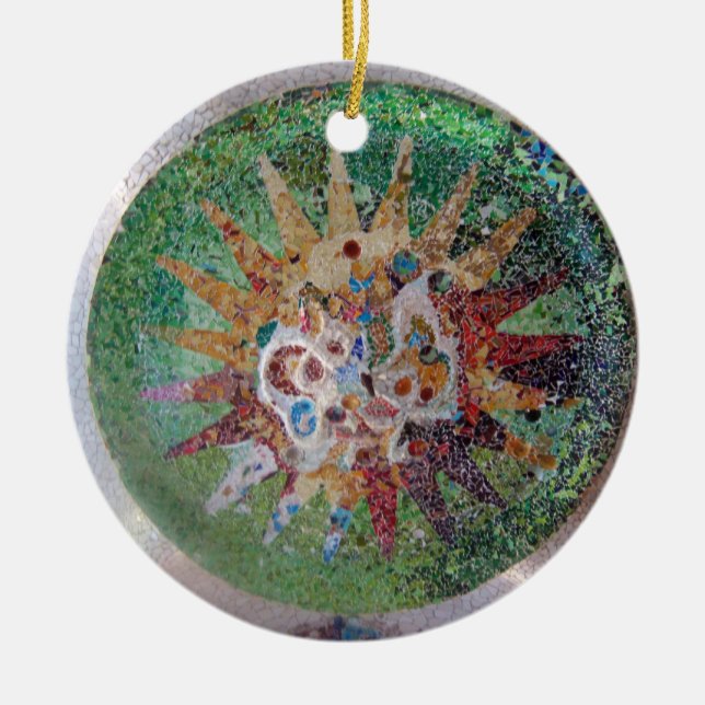 Parc Guell Mosaic Green and Rainbow Ceramic Ornament (Front)